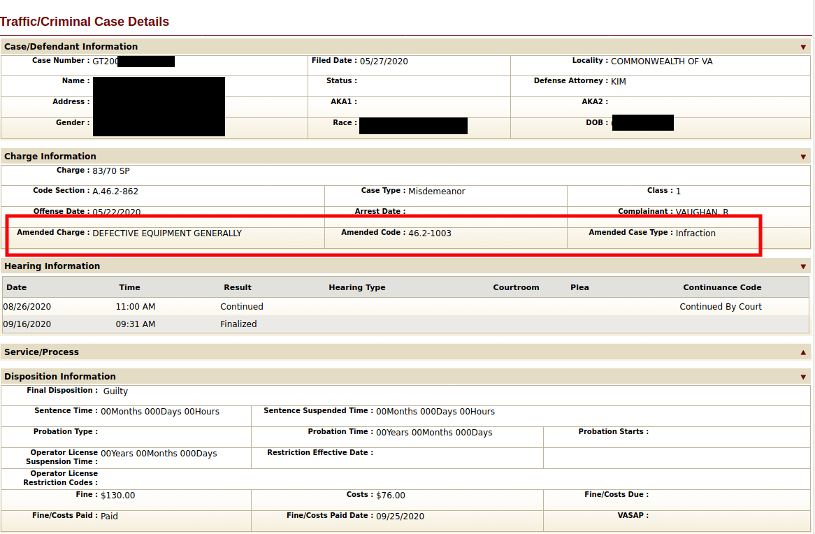 Charge : 	 83/70 RECKLESSCode Section : 	 A.46.2-862 	Case Type : 	 Misdemeanor 	 Amended Charge : 	 DEFECTIVE EQUIPMENT        Amended Code : 	 46.2-1003 	Amended Case Type : 	 Infraction