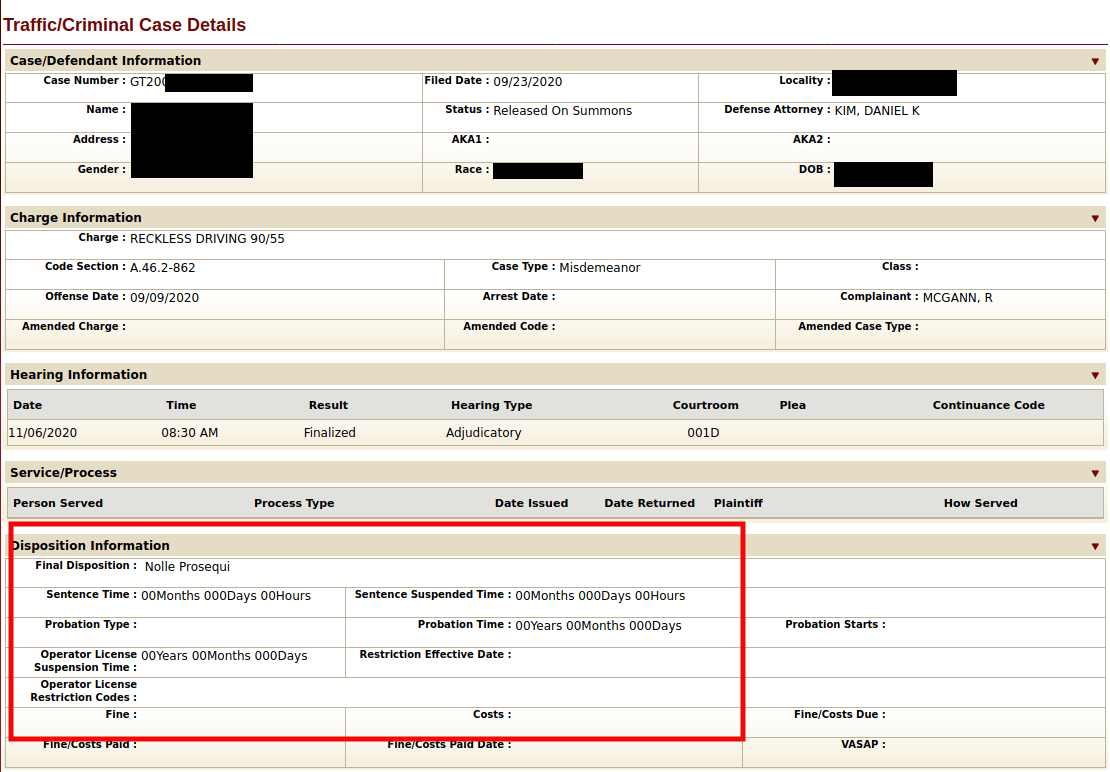 Charge : 	 RECKLESS DRIVING 90/55Code Section : 	 A.46.2-862 	Case Type : 	 Misdemeanor   Final Disposition : 	  Nolle Prosequi  (Dismissed)